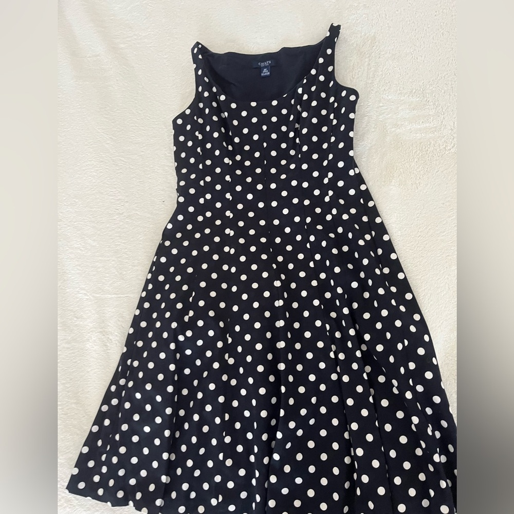 Dress by Chaps, size 6P, sleeveless black with polka dots, swing skirt